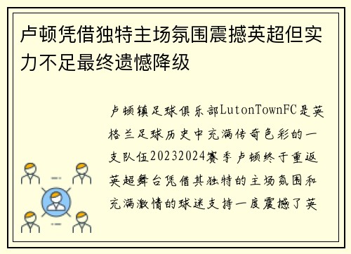 卢顿凭借独特主场氛围震撼英超但实力不足最终遗憾降级